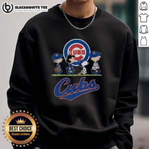 Snoopy, Charlie Brown, Linus, and Lucy in Chicago Cubs baseball jerseys, showcasing their adorable team spirit.