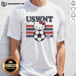 Alt Text: Hello Kitty hugging a soccer ball on a USWNT USA Soccer Team T-Shirt, perfect for fans and collectors.