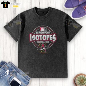 Alt Text: Albuquerque Isotopes Baseball Club logo with atom design on a stitched circle, featured on a washed MLB t-shirt.
