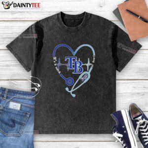 Awesome Tampa Bay Rays stethoscope heartbeat graphic on a washed t-shirt, perfect for baseball fans and healthcare workers.