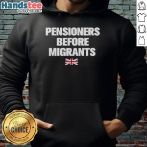 Alt Text: Official Pensioners Before Migrants hoodie featuring UK flag design, promoting support for pensioners' rights.