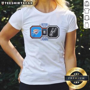 Alt Text: 2026 NBA Playoffs: Oklahoma City Thunder vs San Antonio Spurs Ladies Tee showcasing team colors and logo.