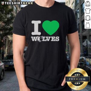 Alt Text: Original Minnesota Timberwolves I Heart Wolves T-Shirt featuring team logo and heart graphic in vibrant colors.