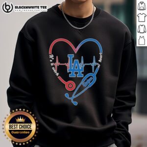 Los Angeles Dodgers sweatshirt featuring a stethoscope heartbeat design, perfect for fans and healthcare enthusiasts.