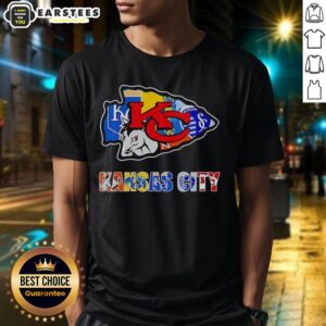 Original Kansas City Chiefs, Royals, and Sporting Kansas City logo mashup T-shirt design featuring vibrant team colors.