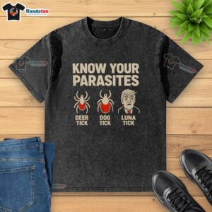 Retro washed t-shirt featuring deer tick, dog tick, and luna tick designs for parasite awareness and education.