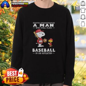 Vintage Nice The Peanuts X St. Louis Cardinals sweatshirt featuring 'Never Underestimate A Man Who Plays Baseball In His Seventies.'