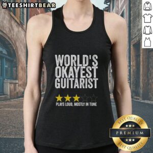 Pretty World's Okayest Guitarist wearing a tank top, playing loud and mostly in tune at a vibrant outdoor concert.