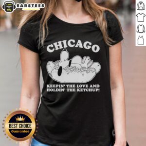 Hot Chicago Snoopy tee featuring a playful design of Snoopy holding ketchup, perfect for ladies who love fun fashion.