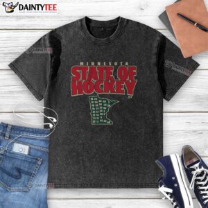Hot Minnesota State of Hockey washed t-shirt featuring a vintage design, perfect for hockey fans and casual wear.