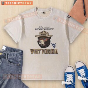 Original West Virginia X 'Only You Can Prevent Wildfires' Smokey Bear washed t-shirt for eco-conscious fashion.