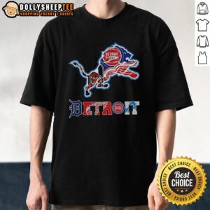 Alt Text: Collage logo T-shirt featuring hot Detroit Lions NFL and Detroit sports teams, perfect for fans and sports enthusiasts.