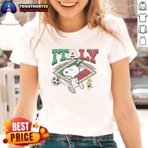 Top Peanuts Snoopy X Italy Soccer ladies tee featuring a playful design with Snoopy and soccer elements.