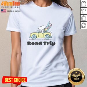 Alt Text: Pretty Peanuts Road Trip tee featuring Snoopy and Woodstock, perfect for ladies who love classic cartoon style.