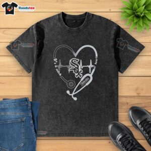 Official Chicago White Sox stethoscope heartbeat graphic on a washed t-shirt, perfect for baseball fans and healthcare workers.