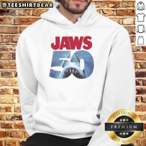 Original 50th Anniversary Jaws Hoodie featuring iconic shark design, perfect for fans celebrating the classic film.