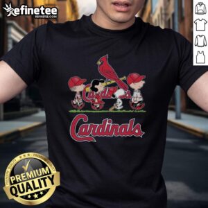Good Snoopy, Charlie Brown, Linus, and Lucy in St. Louis Cardinals baseball jerseys, showcasing team spirit and friendship.