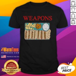 Funny weapons and fast foods graphic on a hot dog, cookies, and chips T-shirt for a unique and humorous style.