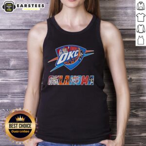 Alt Text: Original Oklahoma City Thunder, Oklahoma Sooners, Oklahoma State Cowboys, and Tulsa Golden Hurricane logo tank top.