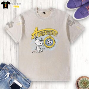 Cute Peanuts Snoopy X Argentina soccer washed t-shirt featuring vibrant graphics and a playful design for fans.