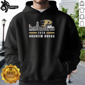 2026 NHL Playoffs Anaheim Ducks hoodie featuring city skyline shape and player names, perfect for fans.