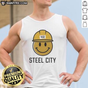 Top Icon Steel City 412 Smiley Hardhat Tank Top featuring a cheerful design, perfect for casual summer wear.