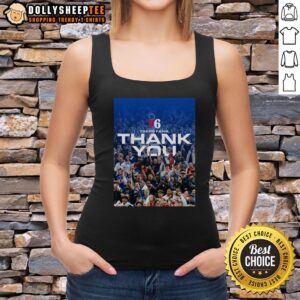 Philadelphia 76ers fans wearing a 'Thank You' poster tank top, showcasing team spirit and support at a game.