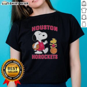 Alt Text: Good Snoopy and Woodstock Houston Rockets basketball ladies tee, featuring vibrant graphics for fans and fashion lovers.