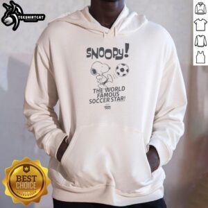 Alt Text: Nice Peanuts Ringer World Famous Soccer Star Snoopy Hoodie featuring Snoopy playing soccer in vibrant colors.