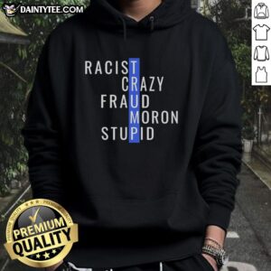 Colorful hoodie featuring bold text 'Nice Trump Racist Crazy Fraud Moron Stupid' for political satire and humor.