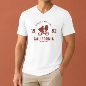 Pretty You Could Be Happy Here 1982 California Universal Studios ET V Neck Shirt in soft cotton fabric with classic fit