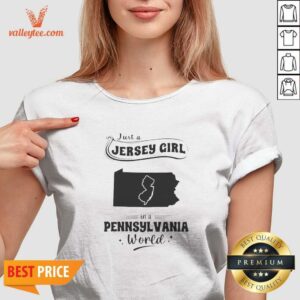 Pretty Just A Jersey Girl In A Pennsylvania World Map v neck optimized women's V-neck T-shirt featuring state map design