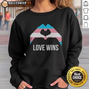 Pretty Love Wins Transgender Pride Flag Heart Hands Symbol Equality LGBTQIA Plus Sweatshirt featuring vibrant colors.