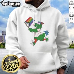 Awesome Philadelphia Phillies Pride Mascot Running With Progress Flag hoodie featuring vibrant colors and a unique design.