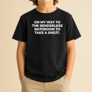 Pretty On My Way To The Genderless Bathroom To Take A She It Text kids t shirt in bright colors, front view