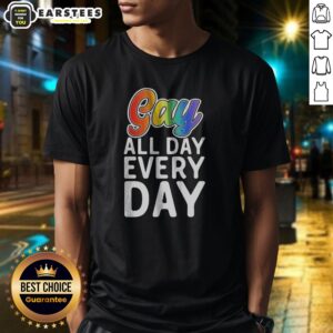 Original Gay All Day Every Day shirt in black cotton, short sleeve casual tee with vibrant white and rainbow text design