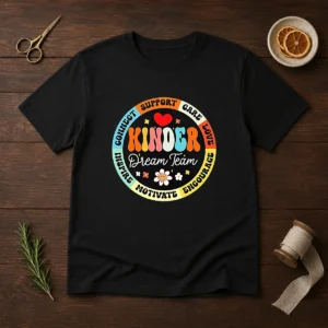 Top Kinder Dream Team t shirt in white with colorful team graphic and bold text on front