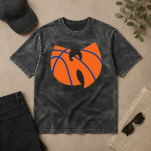 Official Wu Tang Clan X New York Knicks Logo Washed T Shirt in faded black with bold graphic print