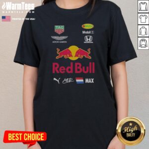 Awesome Red Bull Racing Max Verstappen F1 Sponsors ladies tee displayed in a vibrant red color.