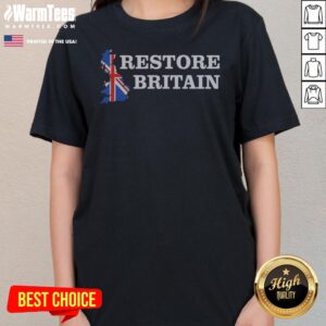 Funny Restore Britain Union Jack England Scotland Wales ladies tee featuring a vibrant and playful design.