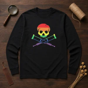Original Rainbow Skull And Crutches Pride Symbol Disability Awareness Long Sleeve Shirt with vibrant colors on a comfortable cotton fabric