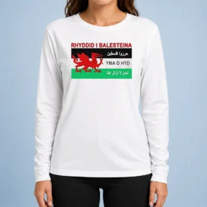 Awesome Rhyddid I Balesteina Yma O Hyd Wales Palestine Solidarity Flag long sleeve shirt in white with bold graphic print