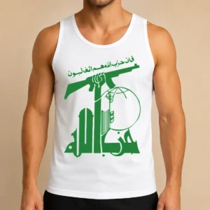 Official Flag Of Hezbollah Tank Top featuring a bold yellow and green flag design on a comfortable sleeveless fit