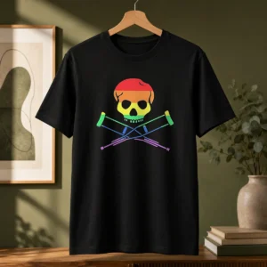 Premium Rainbow Skull And Crutches Pride Symbol Disability Awareness t shirt in black, front view