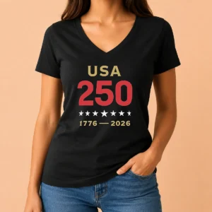Pretty USA 250 1776 2026 Patriotic American Independence Anniversary V Neck Shirt in navy blue with bold red and white text