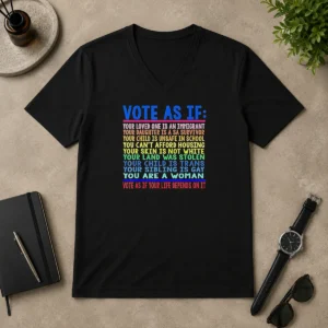 Awesome Vote As If Your Life Depends On It V Neck Shirt in dark color, featuring bold white text on front