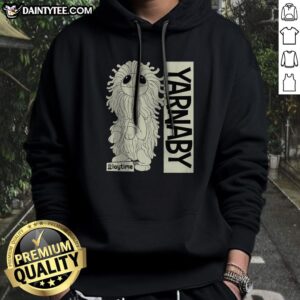 Premium Yarnaby Sitting Poppy Playtime Hoodie in black with vibrant character print, front view