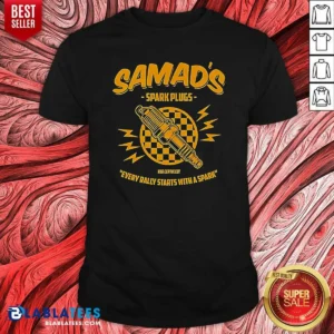 Pretty Samads Spark Plugs Every Rally Starts With A Spark shirt optimized in classic crew neck style with bold graphic print