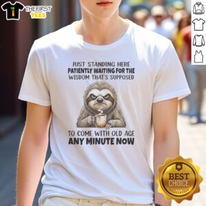 Pretty Grumpy Sloth Just Standing Here Patiently Waiting For The Wisdom That Is Shirt displayed on a hanger