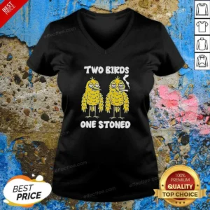 Hot Top Two Birds One Stoned Smoking V Neck Shirt v neck optimized with short sleeves and relaxed fit